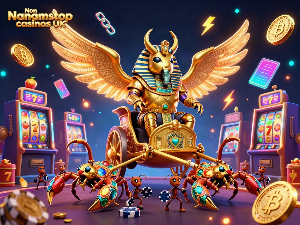 Experience exciting wins at Non gamstop casinos UK featuring vibrant 3D characters in a dazzling casino scene.