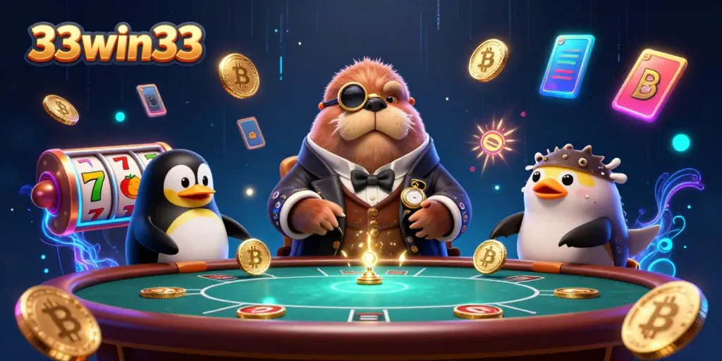 Experience 33win33 excitement as the jolly walrus plays poker underwater with a penguin dealer and bluffing pufferfish.