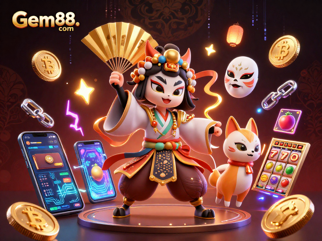 Engage with Gem88. com's vibrant gaming world featuring a kabuki warrior and crypto excitement.