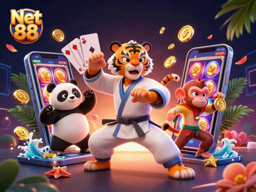 Engage in winning gaming moments with Net 88's vibrant 3D casino illustration featuring action-packed characters.