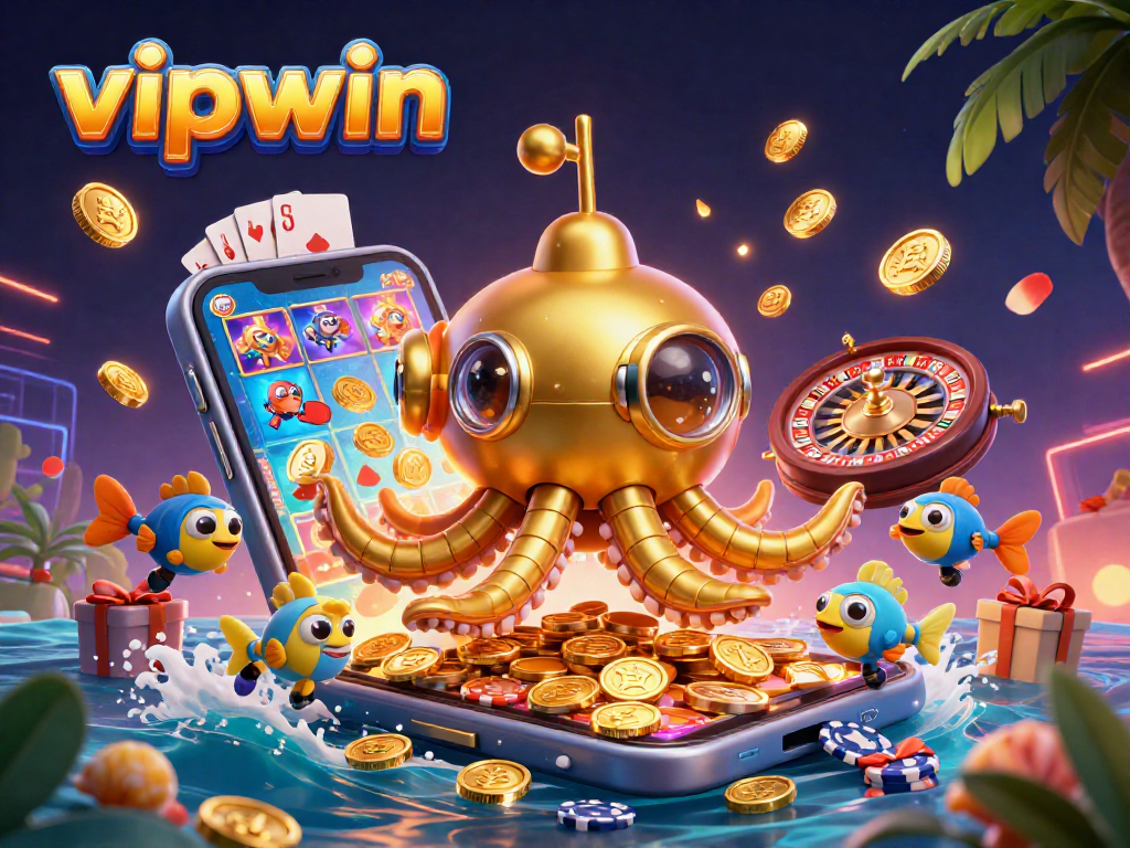 Reveal exciting winning moments with vipwin's golden kraken submarine amidst a treasure of casino treasures.