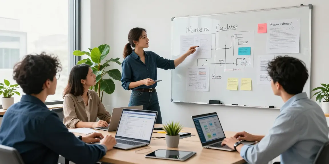 SaaS sponsored content team collaboratively brainstorming in a modern office environment.