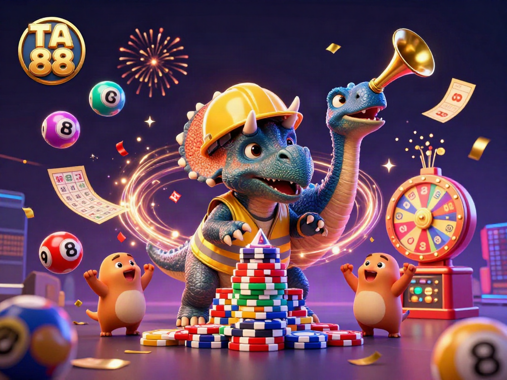 Experience the excitement of TA 88 with a dynamic casino scene featuring playful characters, colorful lottery balls, and engaging visuals.
