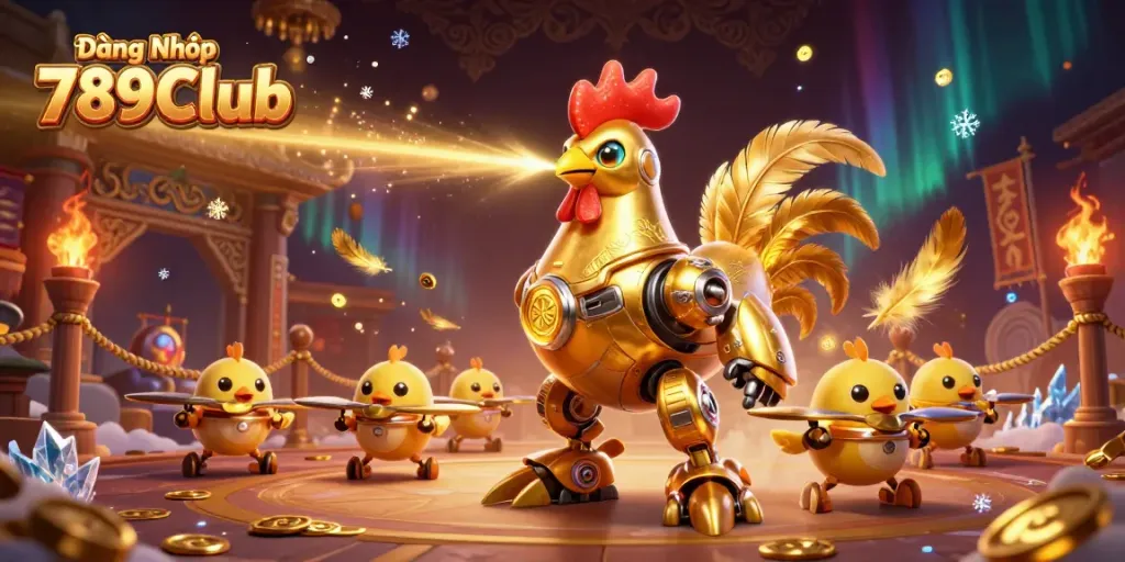 Engage with Đăng Nhập 789Club through an exciting scene featuring a golden rooster robot and baby chick drones amidst a casino setting.