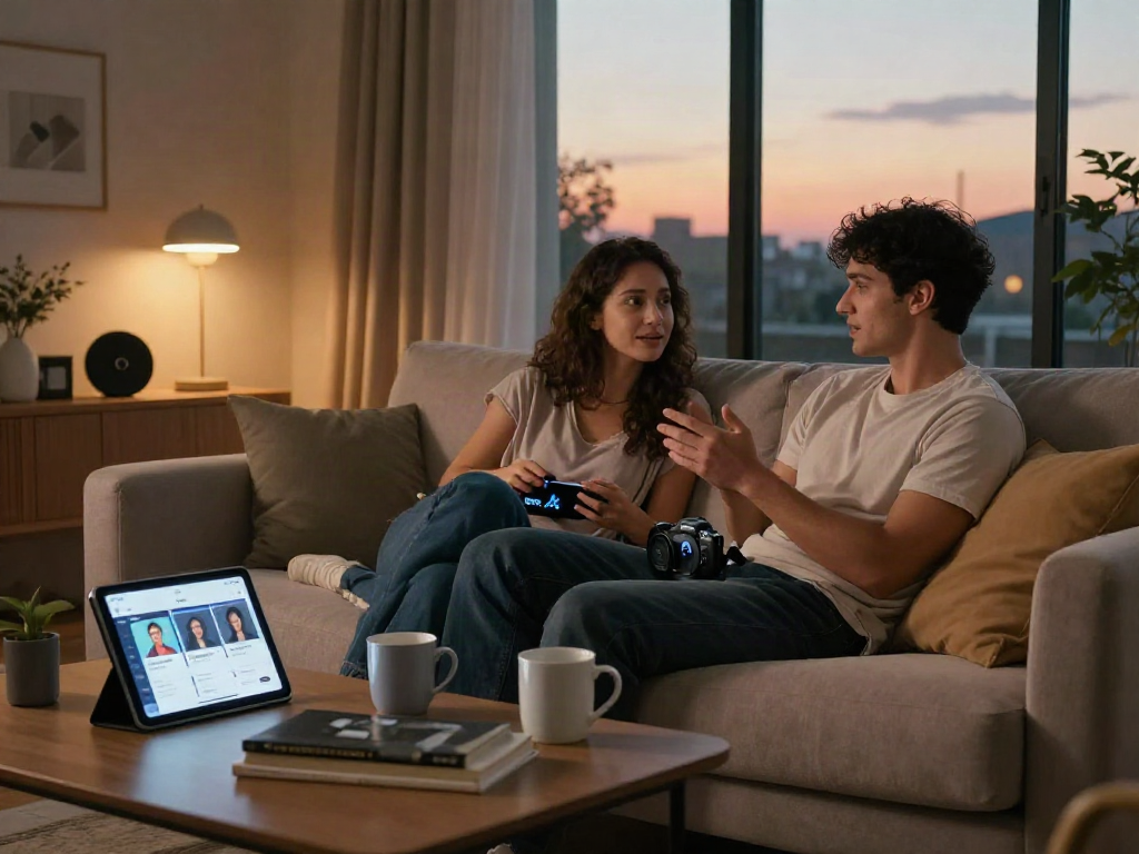 Couple engaging in discussion about ai sex technology in a cozy setting