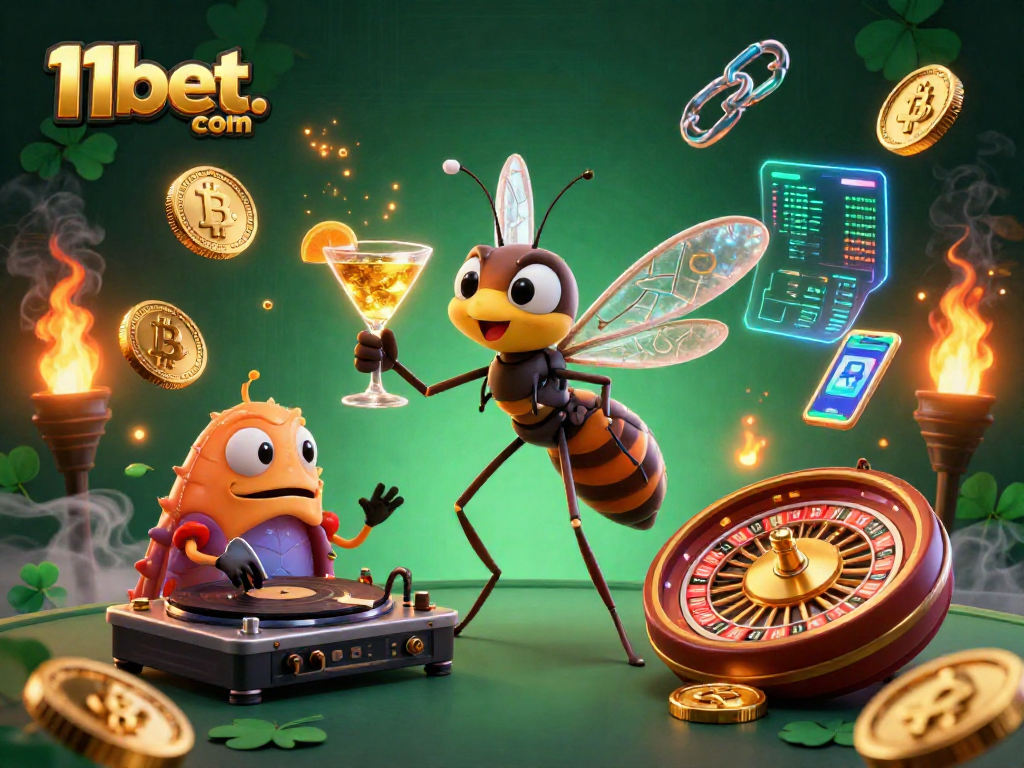 Spin and win with 11bet. com's vibrant casino scene featuring a frozen mosquito mascot.