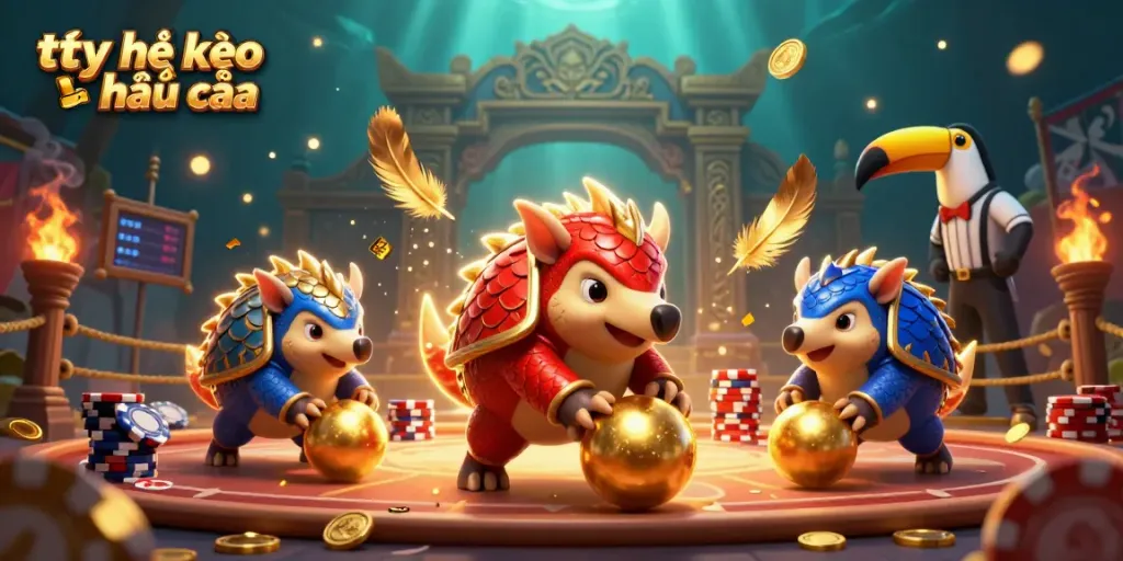 Experience the excitement of tỷ lệ kèo nhà cái with animated pangolins bowling through chips in a vibrant casino scene.