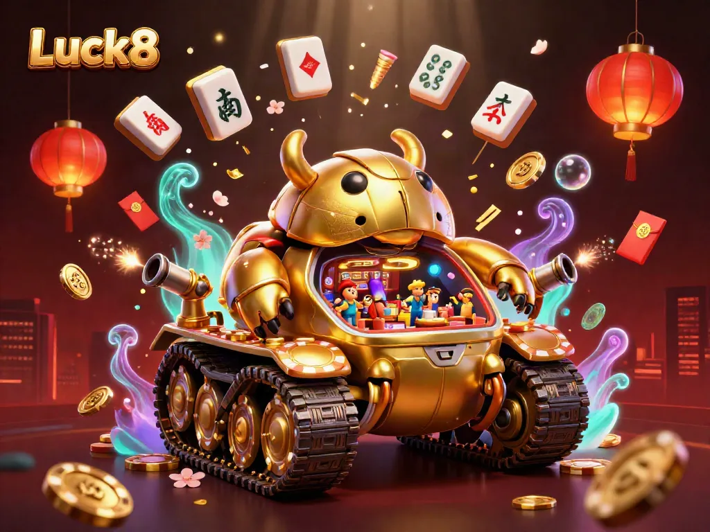 Experience Luck8 vibes with a dynamic 3D casino scene featuring a golden beetle tank.