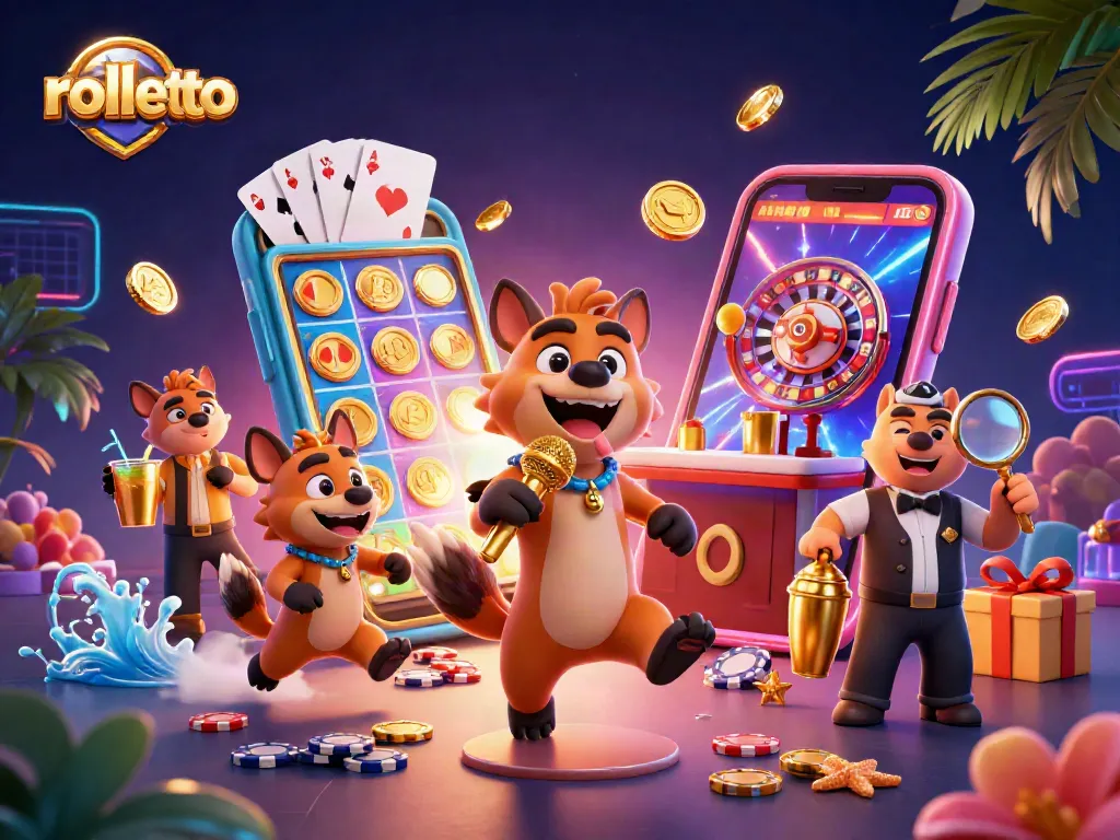 Engage with rolletto action in a lively 3D casino scene featuring hyena comedians and vibrant games.