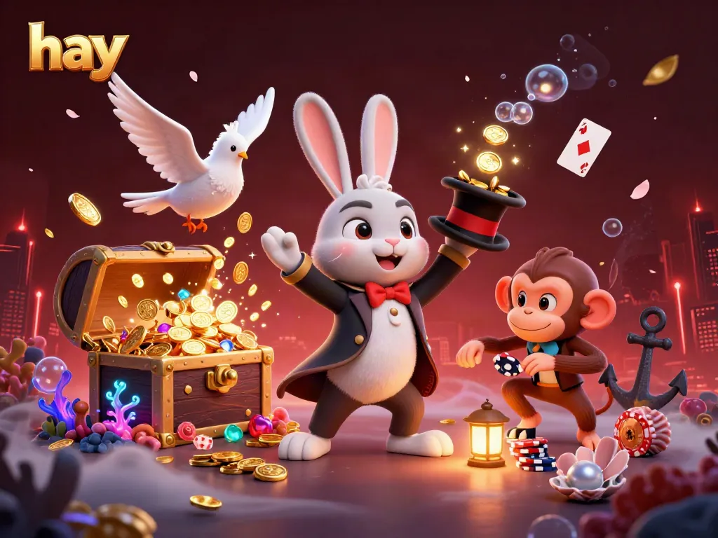 Engaging scene of a magician rabbit, dove, and monkey in a lively casino adventure at hay.