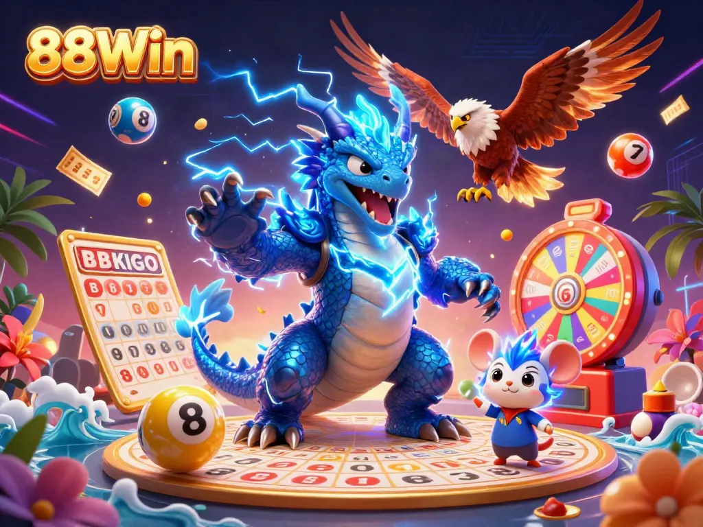 Experience the thrill of 88Win with a vibrant and dynamic casino scene packed with game elements.