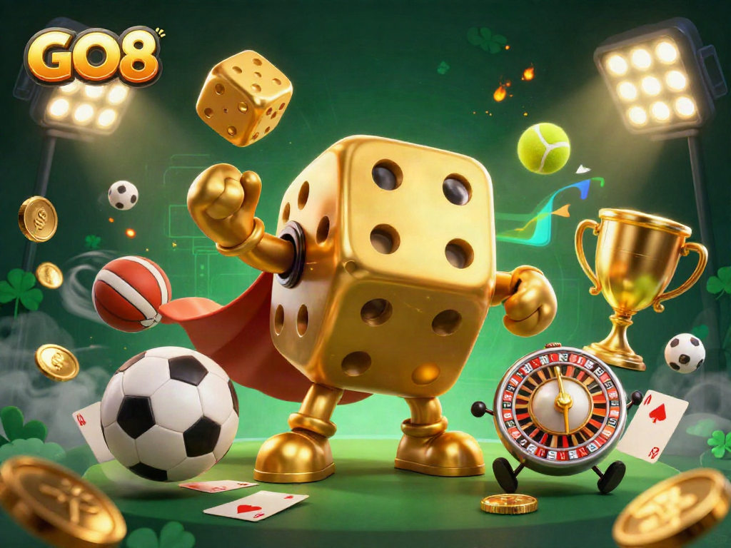 Engage with GO8's immersive gaming experience featuring golden dice and vibrant sports elements.