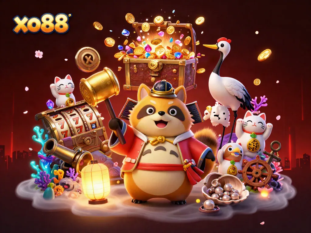 Experience the thrilling world of xo88 with a cheerful tanuki, lucky mallet, and vibrant casino elements!