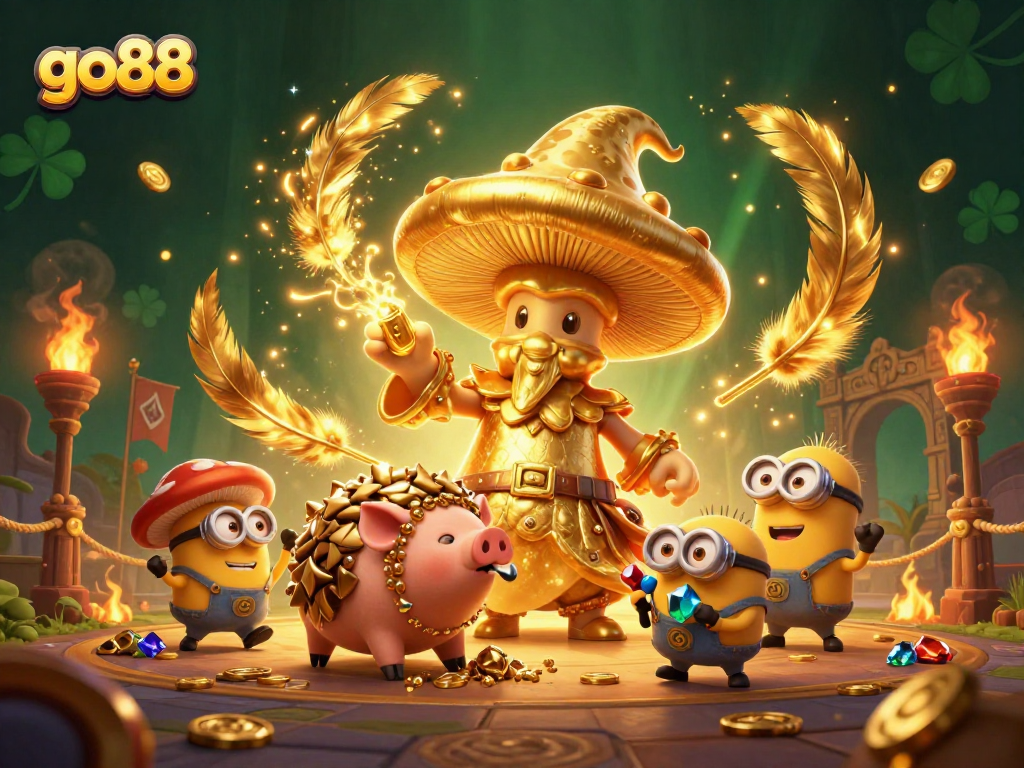 Experience the magic of go88 with a golden wizard and treasure-hunting truffle pig in a vibrant casino scene.
