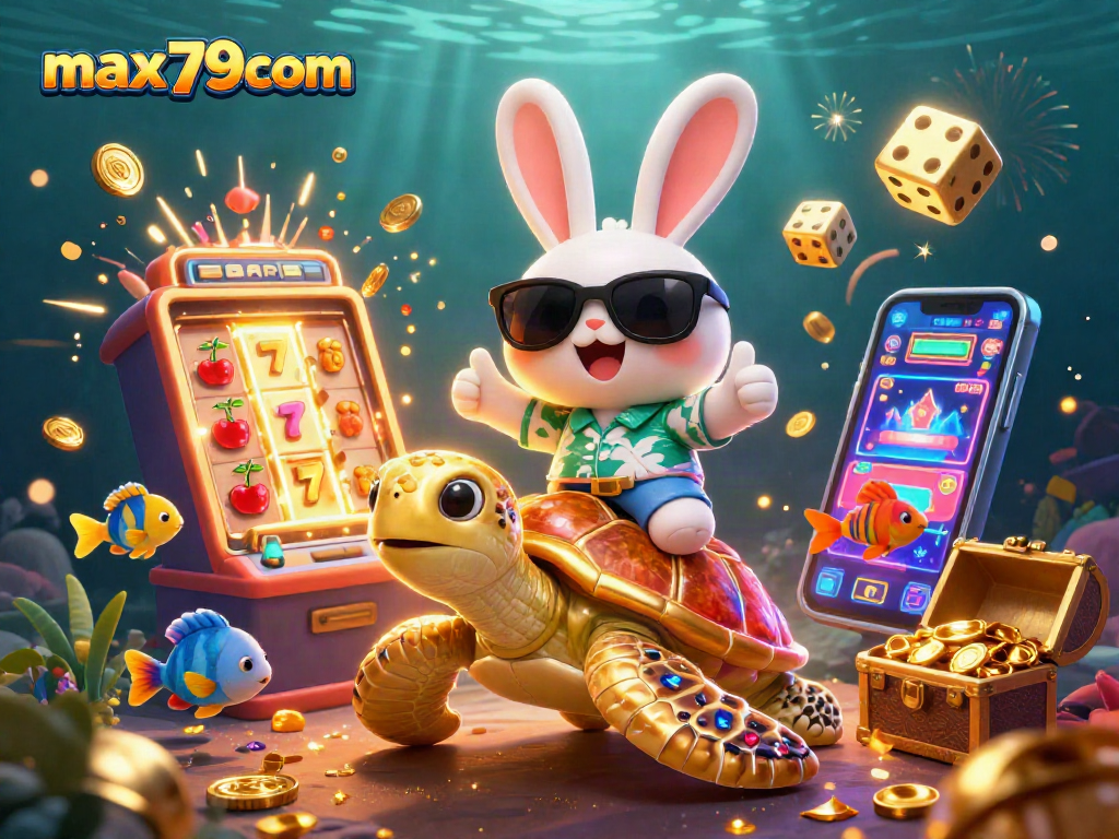 Spin the jackpot at max79com with lucky rabbit and golden turtle in an exciting casino scene.