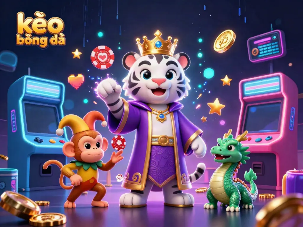 Engaging kèo bóng đá scene showcasing a white tiger, golden monkey, and jade dragon amidst vibrant gaming elements.