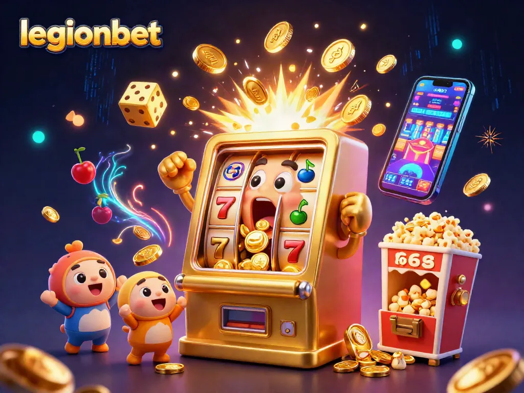 Experience thrilling wins at legionbet with vibrant 3D slot machines, coins, and festive elements.