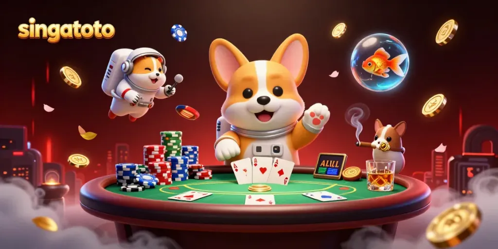 Join the fun at singatoto with an astronaut corgi floating in a casino, surrounded by poker elements.