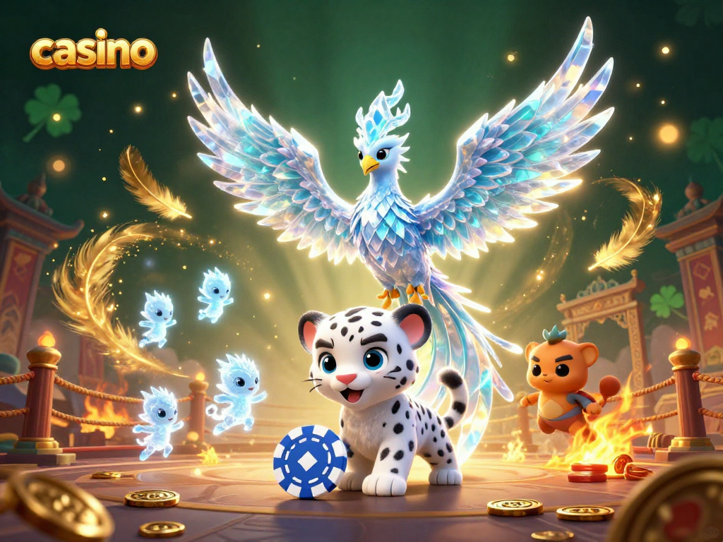 Engage in thrilling casino action featuring an ice phoenix and poker elements in this dynamic illustration.