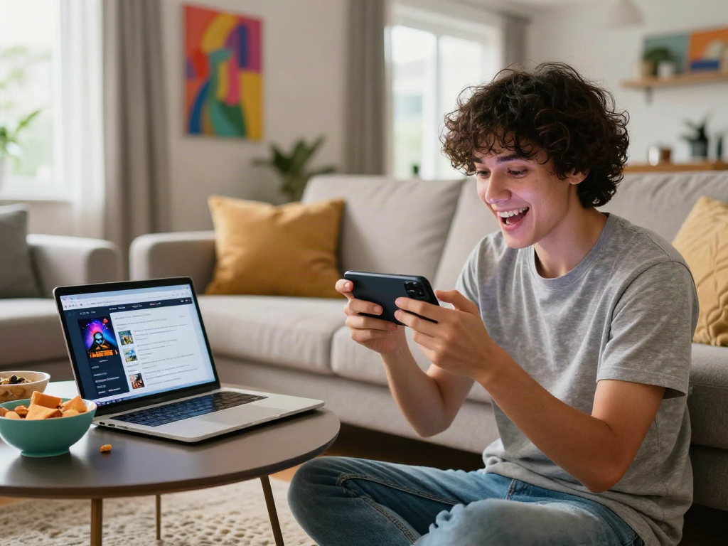 Immersive scene of a player enjoying a mobile porn game in a stylish living room with a laptop and snacks.