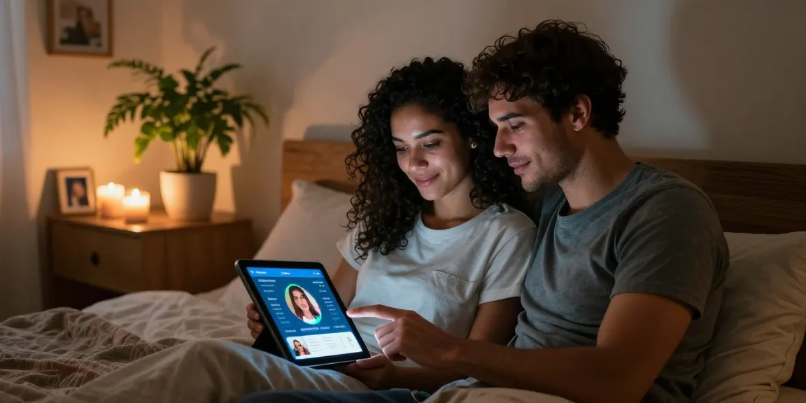 Couple exploring ai sex apps on tablet in cozy bedroom setting.