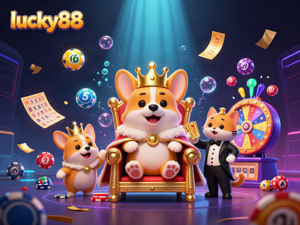 Engage with lucky88's vibrant realm of gaming, featuring a royal corgi and dynamic casino elements.