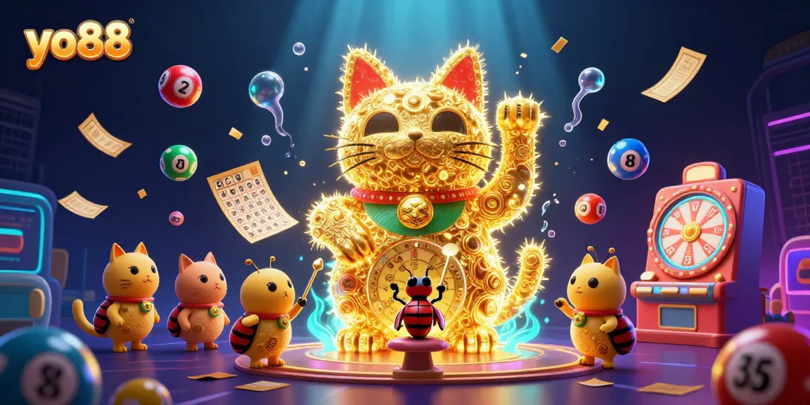 Engage with yo88's exciting casino world featuring dynamic golden fireflies and colorful lottery elements.