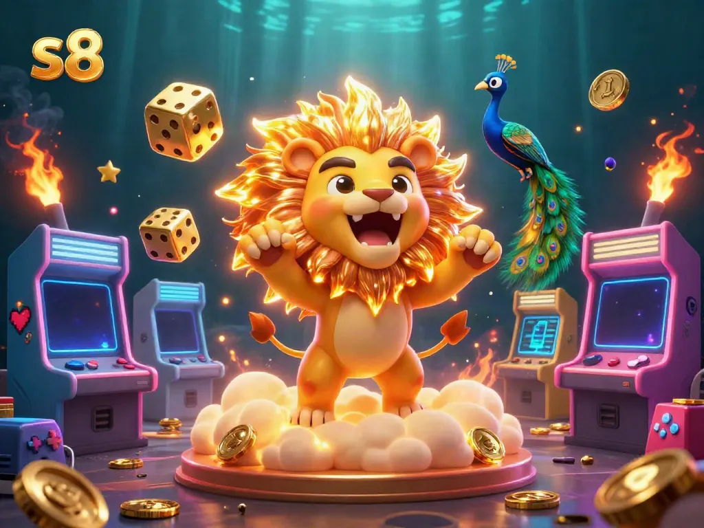 S8's vibrant gaming universe showcasing the roaring lion, golden dice, and peacock amidst thrilling game elements.