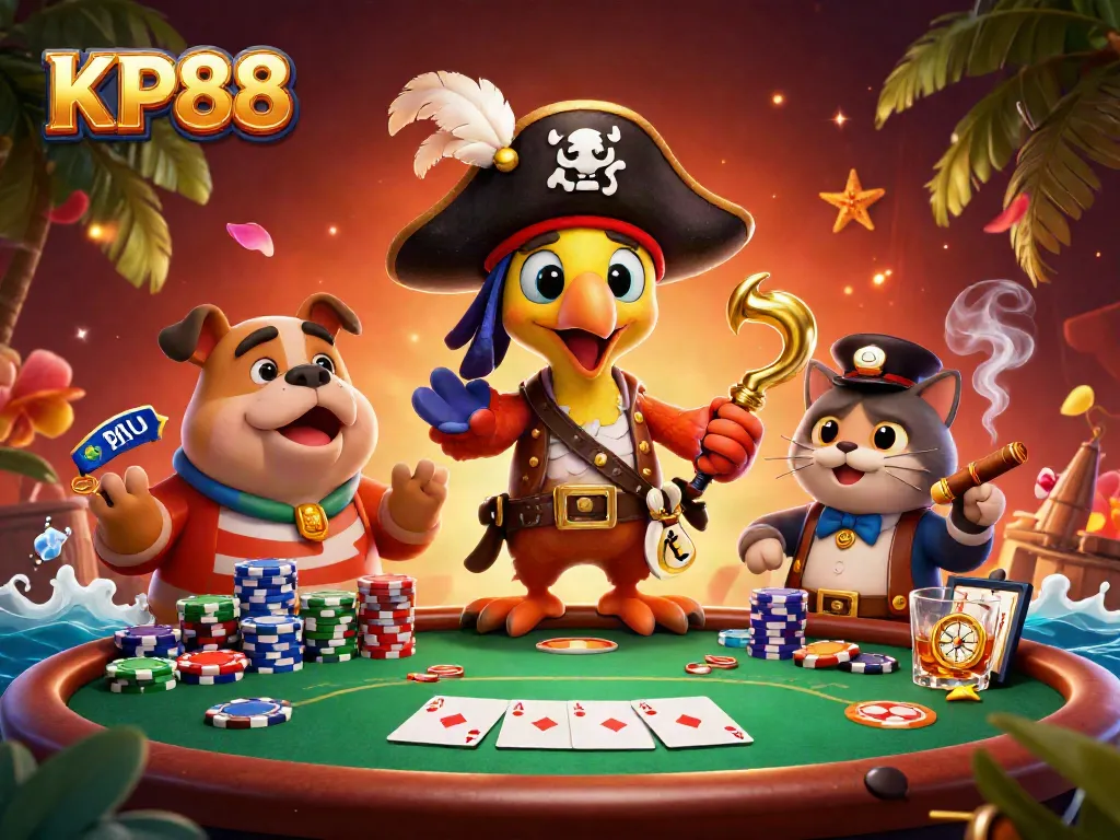 Experience KP88 with vibrant casino elements featuring cartoon characters in a lively gambling scene.