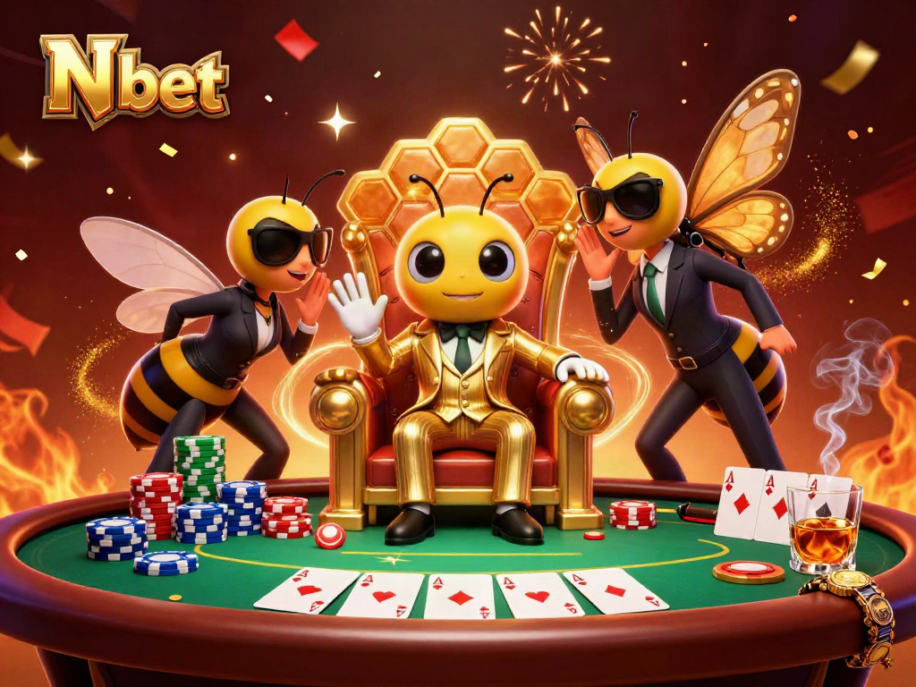 N bet casino illustration featuring a bumblebee mob boss at a poker table surrounded by vibrant casino elements.
