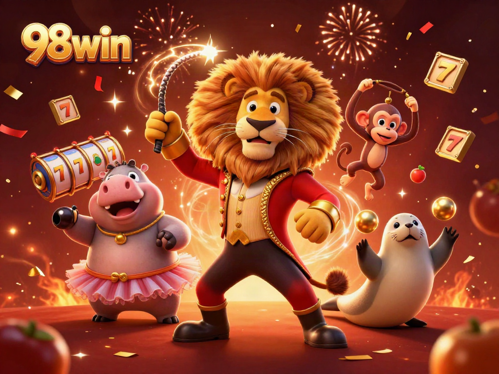 Join the excitement at 98win with a vibrant scene of slot games featuring colorful characters.