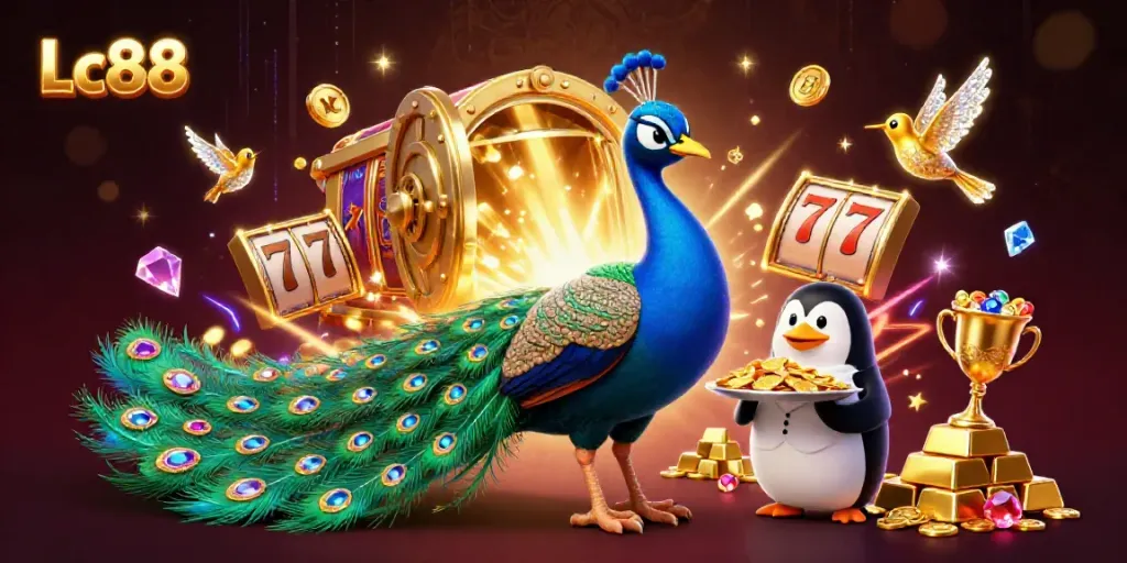 Engage with Lc88 as the aristocratic peacock celebrates casino winnings amidst gold treasures.