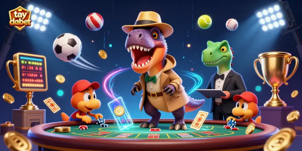 Betting at DABET takes thrilling turns with velociraptor card counters, epic sports elements in action.