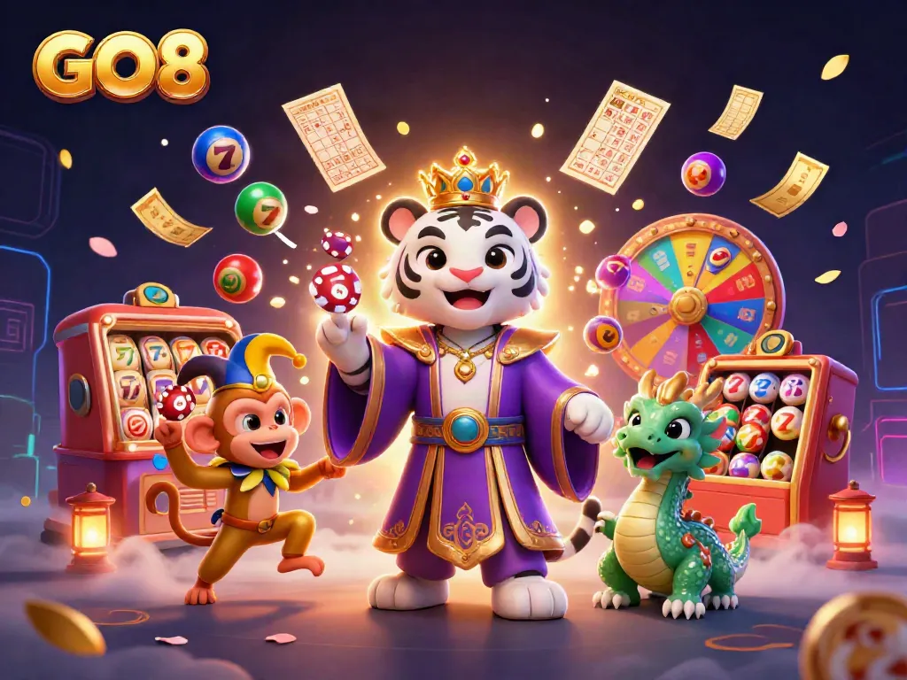 Engage with GO8's vibrant, dynamic casino scene featuring a royal tiger, monkey, and jade dragon.
