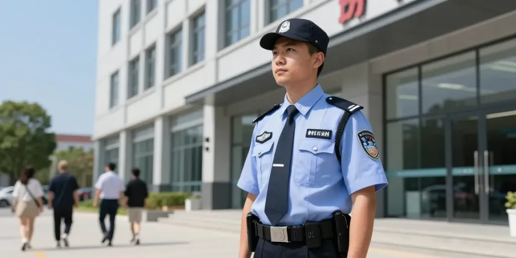A trusted Security Company guard providing vigilant protection at a local commercial property.