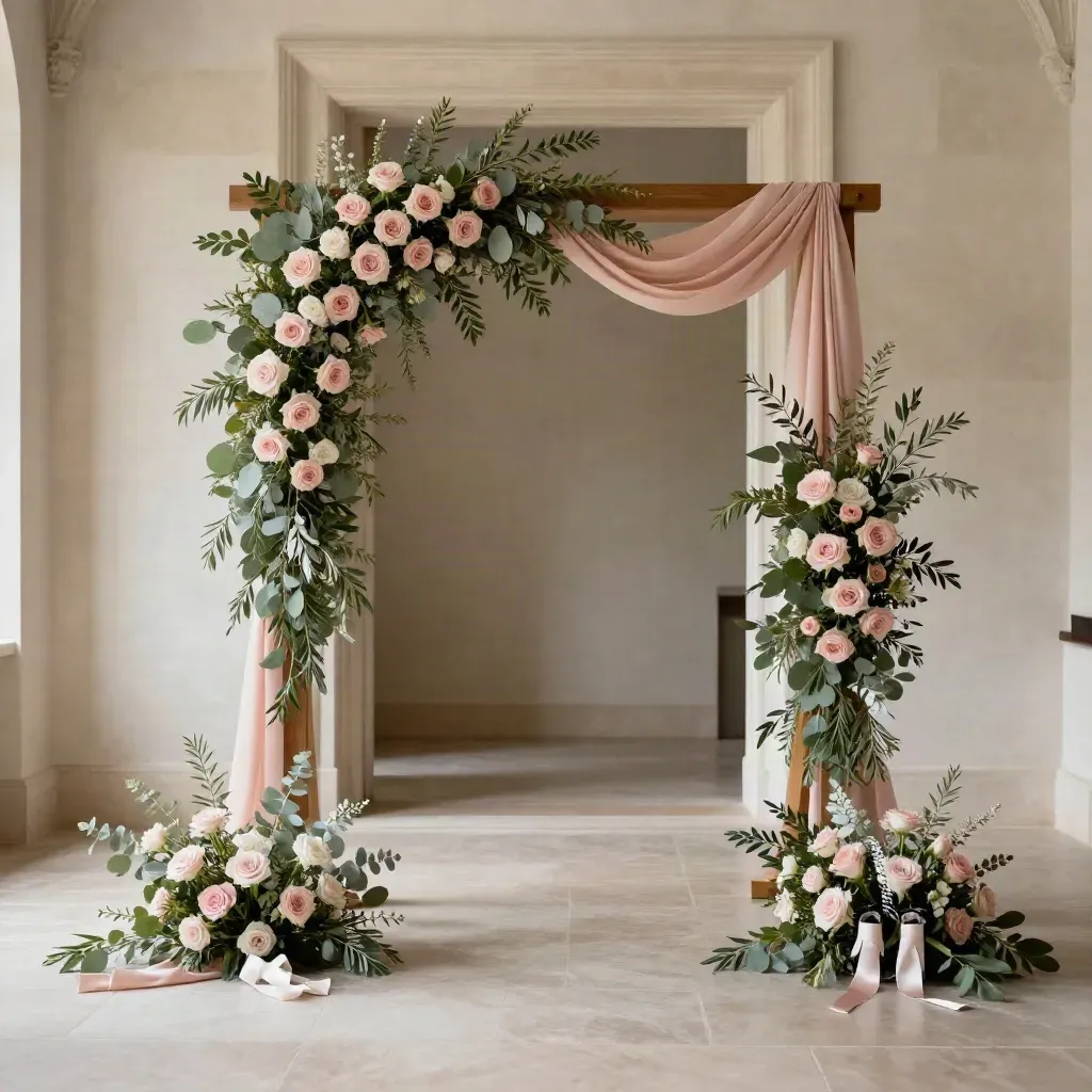 Ceremony arch floral set with blush roses, sage foliage and matching wedding pieces in a venue threshold.