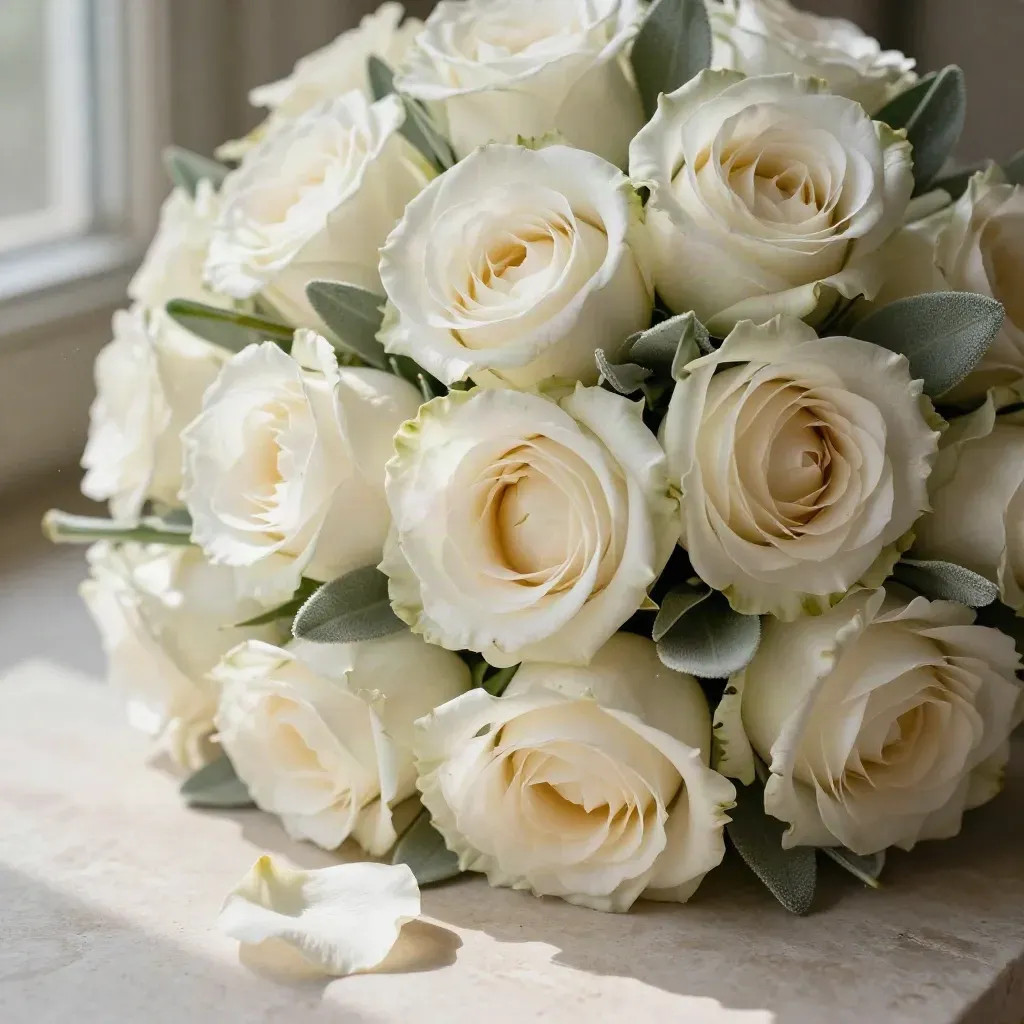 Macro top view of ivory roses and sage foliage on pale stone with soft petal dust.