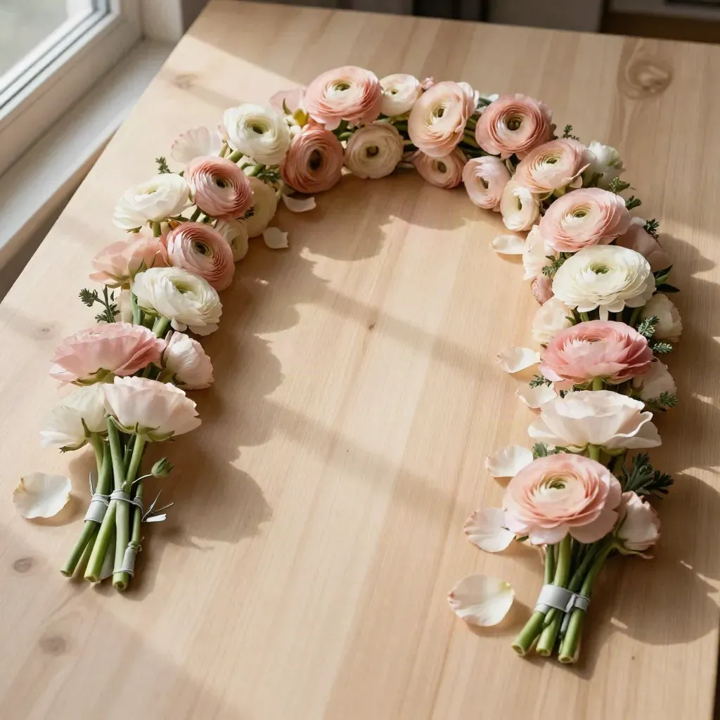 Overhead flatlay of blush ranunculus arch pieces on pale wood with sage stems