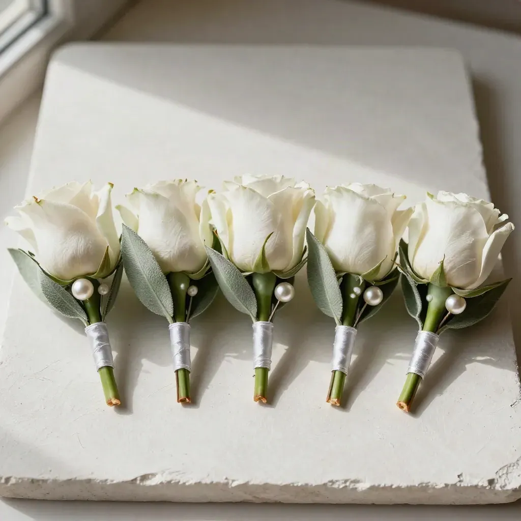 Five white rose and sage groom buttonholes arranged in a tight overhead flatlay.