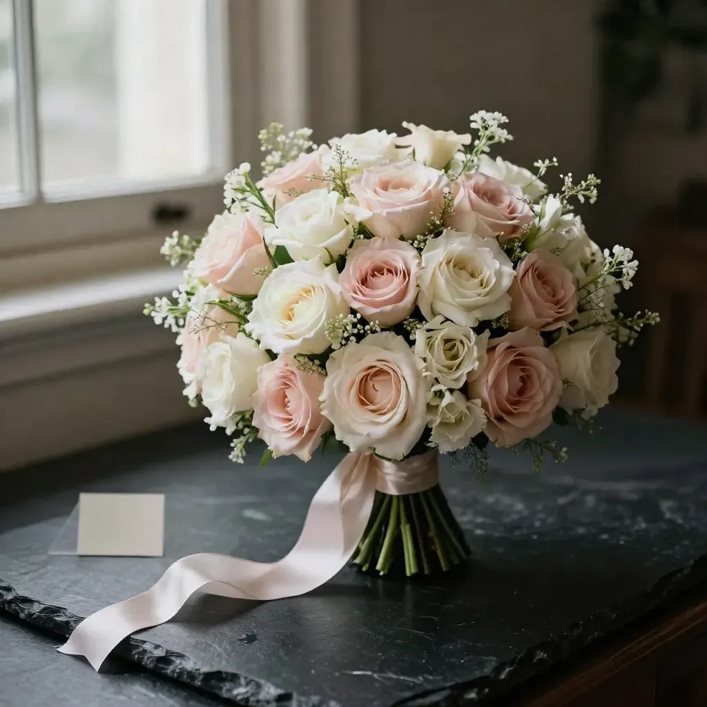 Blush bridesmaid posy of roses with ribbon on matte-black stone, softly lit in a dark studio.