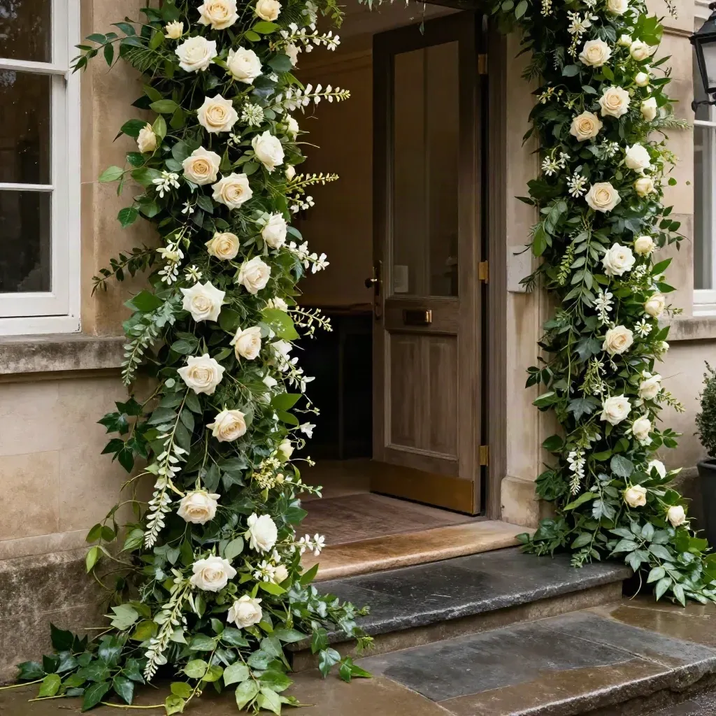 Venue entrance garland of greens and pale roses framing a rain-damp doorway