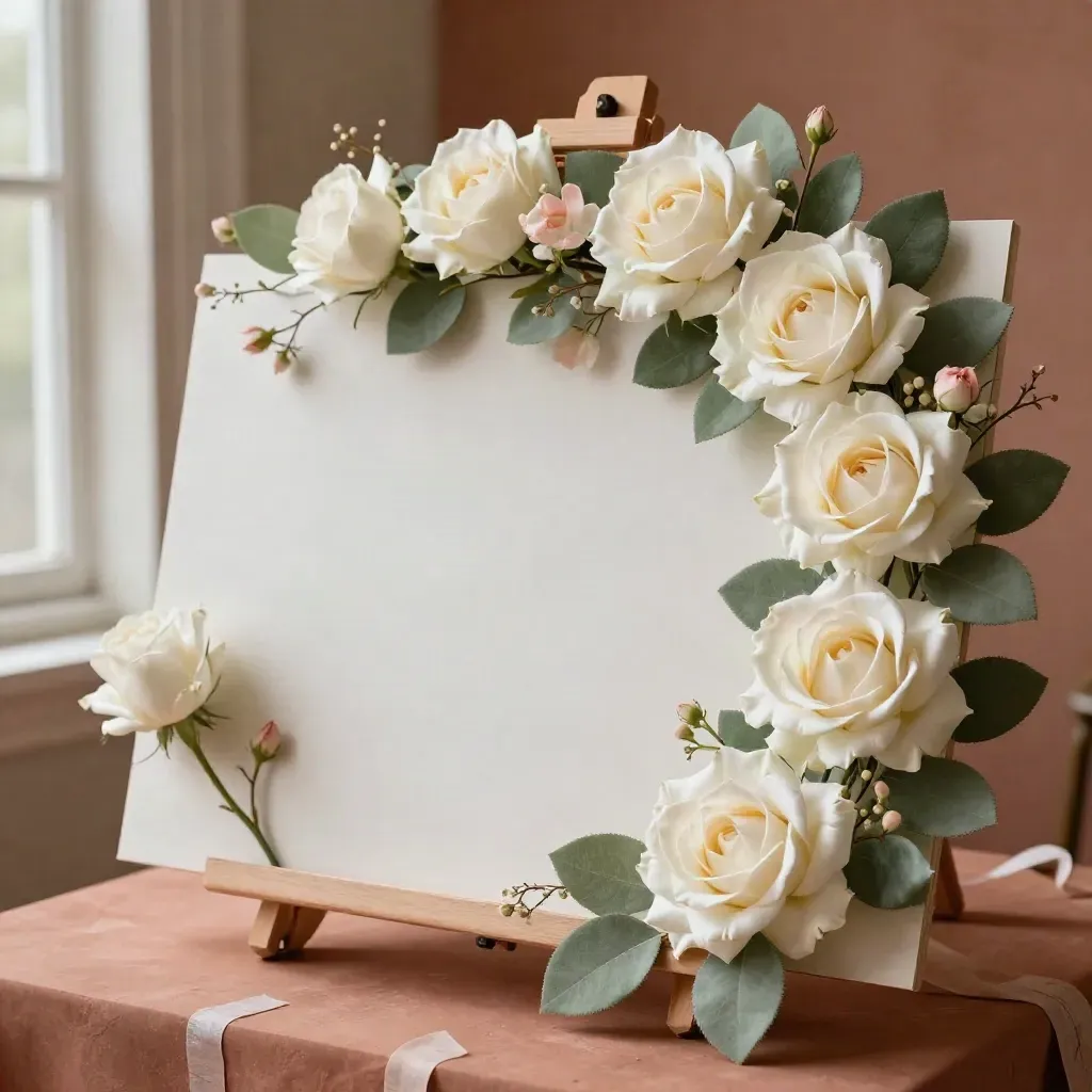 Ivory and blush floral collar around a blank easel board on terracotta plaster