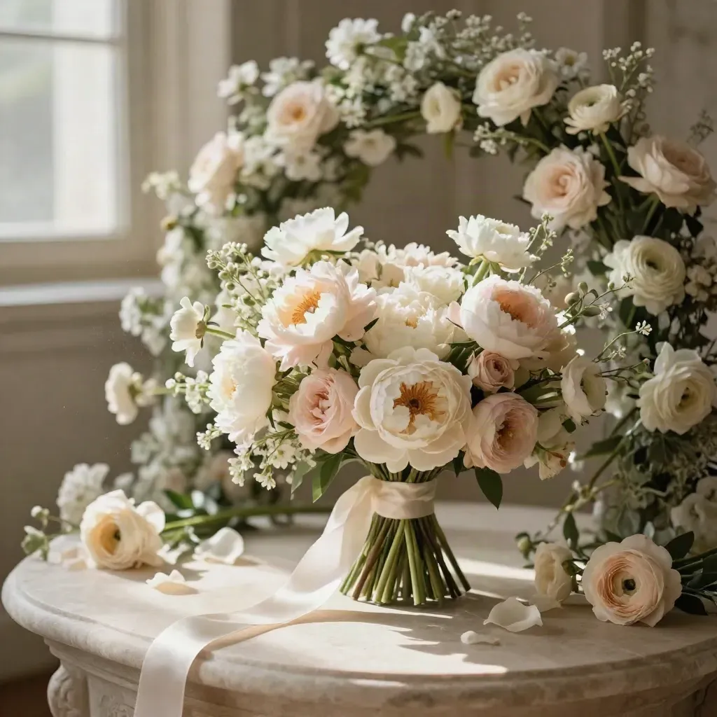 Blush wedding bouquet with arch florals and table clusters on a pale stone plinth.