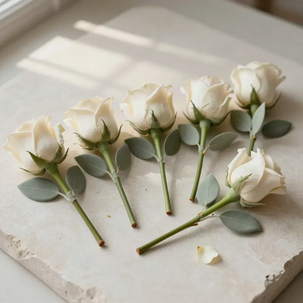 Five ivory rose buttonholes with sage leaves laid diagonally on pale plaster, overhead flatlay