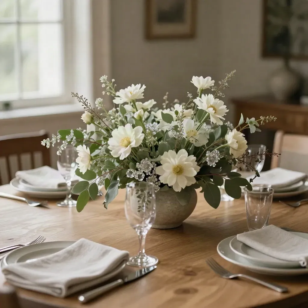 Sage floral table centrepiece in a low vase on a set dining table with glass reflections.