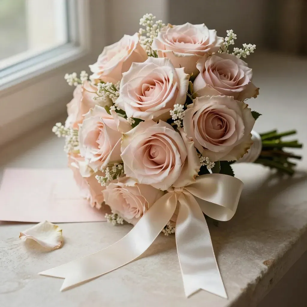 Extreme macro of a blush bridesmaid posy with ribbon tail and clipped stems on pale stone.