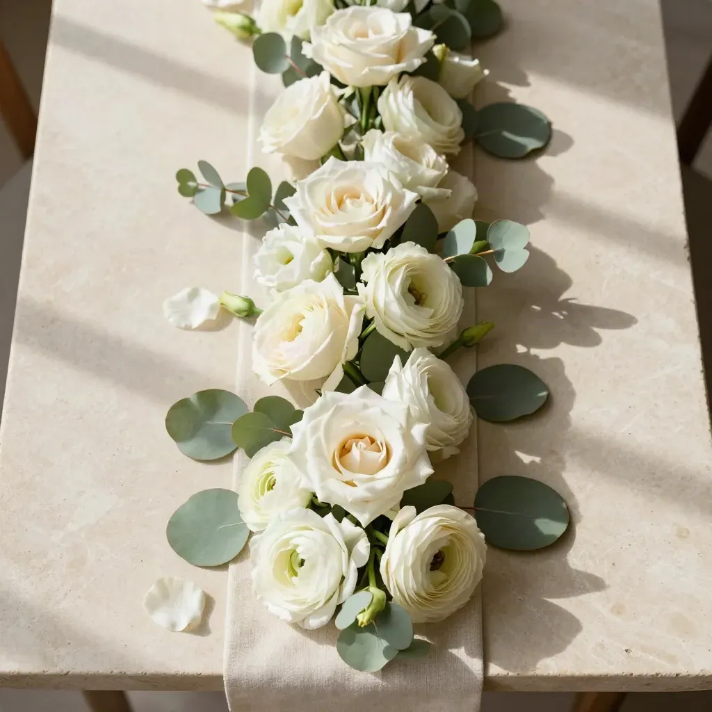 Overhead floral runner of ivory and sage blooms on pale stone