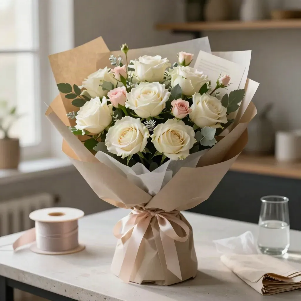 Wrapped bouquet of ivory roses, blush buds and sage foliage on a florist workbench.