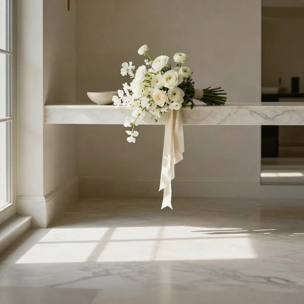 Sunlit marble foyer with an ivory bridal bouquet on a pale console and open floor below.