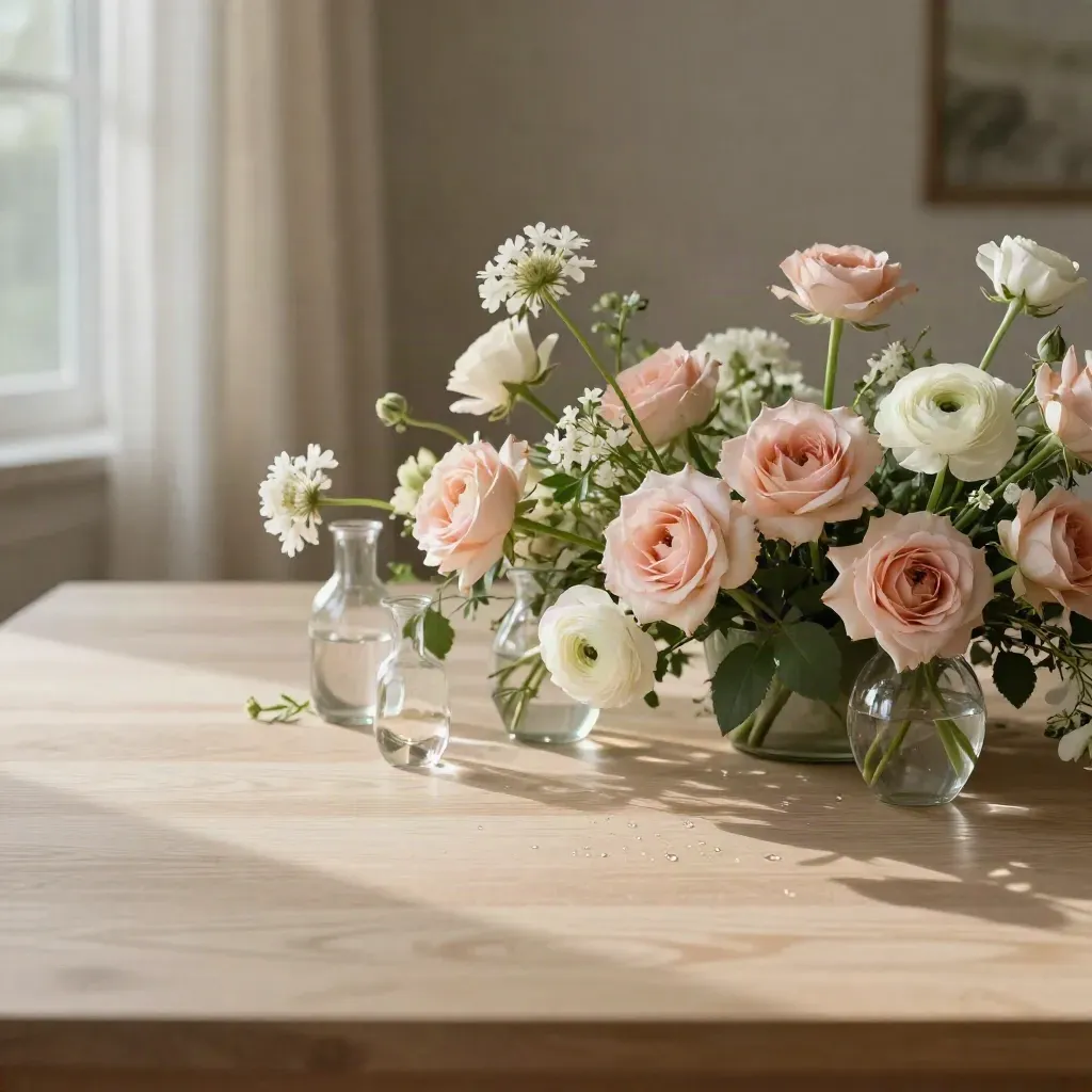 Pale oak table with blush florals and glass shadows, airy copy space below